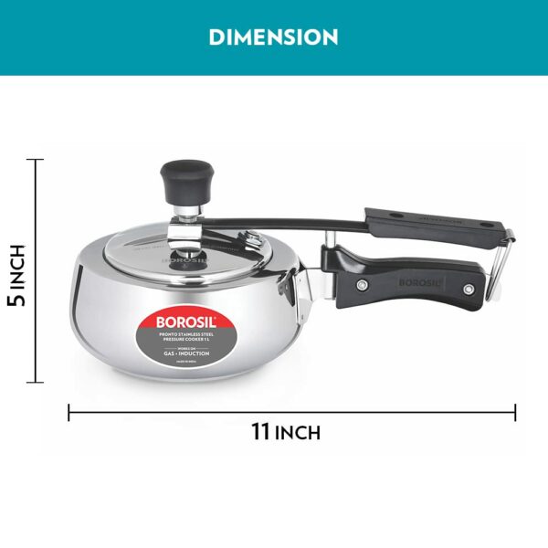 Borosil Pronto 1 L Inner Lid Stainless Steel Pressure Cooker | 6 8 mm Thick Base, Even Heat Distribution | Gas & Induction Campatible | 5 Years Warranty
