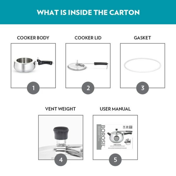 Borosil Pronto 1 L Inner Lid Stainless Steel Pressure Cooker | 6 8 mm Thick Base, Even Heat Distribution | Gas & Induction Campatible | 5 Years Warranty