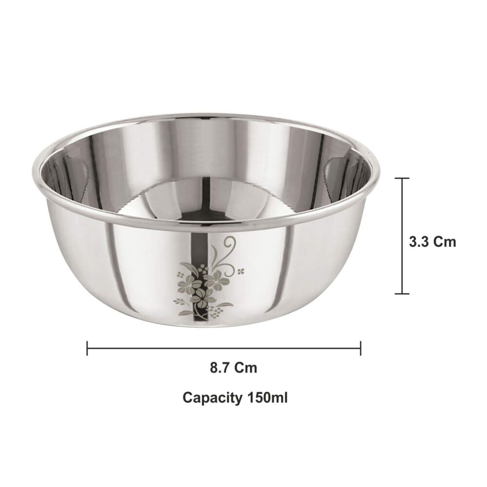 Sanskriti Exports Stainless Steel 5, 22 Gauge Lazer Etching 150 ml Vati, Dinner Bowl Katori Serving Vati, Durable Quality, Elegant, Perfect for Serving Snacks, Desserts, and Condiments, Silver - Image 4