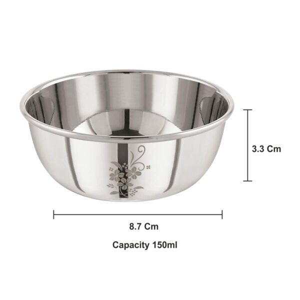 Sanskriti Exports Stainless Steel 5, 22 Gauge Lazer Etching 150 ml Vati, Dinner Bowl Katori Serving Vati, Durable Quality, Elegant, Perfect for Serving Snacks, Desserts, and Condiments, Silver