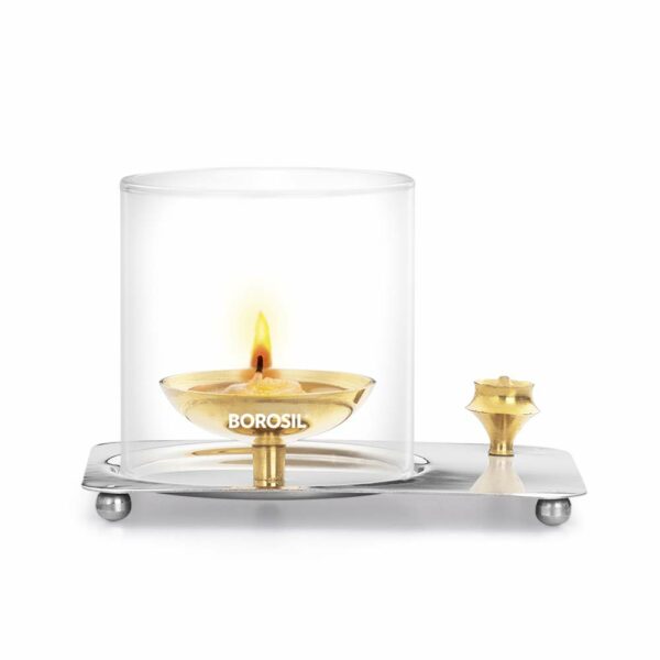 Borosil Aarti Diya Decorative Brass Glass Oil Lamp | Tea Light Holder | Diya with Borosilicate Glass | Puja Dia for Mandir | Lantern Diya with Glass Cover