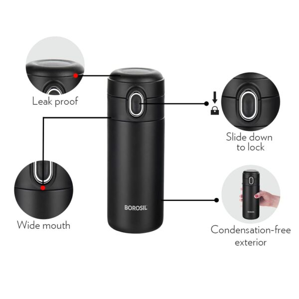 Borosil Traveller 300ml Stainless Steel Water Bottle | Double Wall Vacuum Insulated Flask | 10 Hrs Hot & Cold | Leakproof, BPA Free | Bottle for School, Office, College & Gym | 1 Year Warranty, Black - Image 4