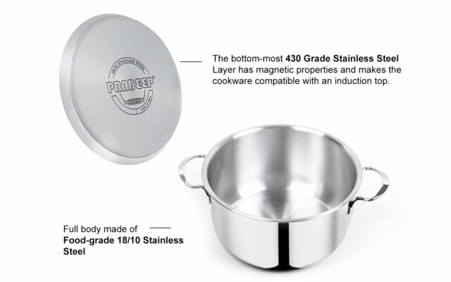 Sanskriti Exports Stainless Steel Cookpot with Lid (Bello)|20CM,3 3L Capacity| Sandwich Bottom for Even Heating |Elegant SS Design Lid|Induction&Gas Stove Compatible|(Buy Cookpot Get SS Bowl B-144-300 Ml)