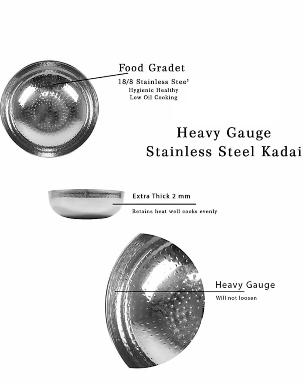 Sanskriti Exports Sandwich Bottom Heavy Gauge Stainless Steel Hammered Tasla, Without Handle Kadhai Cookware (1500 ML) - Image 2