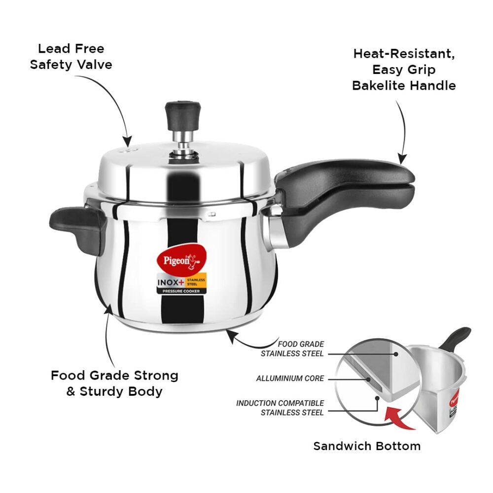 Pigeon by Stovekraft 14502 Induction Base Outer Lid Stainless Steel Pressure Cooker, 5L, Silver - Image 3