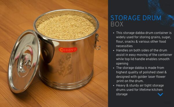 Sanskriti Exports Stainless Steel Storage Box Drum | Steel Container 10 Kg | Steel Kothi | Rice Storage Container | Kitchen Rice Flour Atta Big Container Dabba With Lock System (10-25 Kg) - Silver