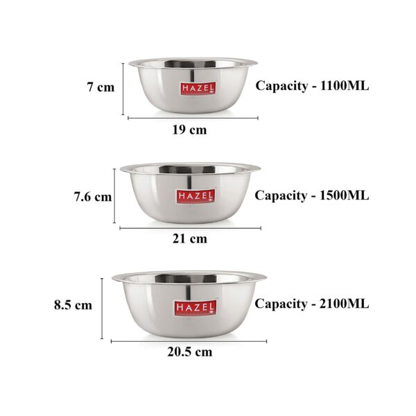 Sanskriti Exports Stainless Steel Serving Bowl Set | 1100 ml, 1500 ml & 2100 ml Snacks Serving and Mixing Bowl Set | Kitchen Accessories Items, Set of 3