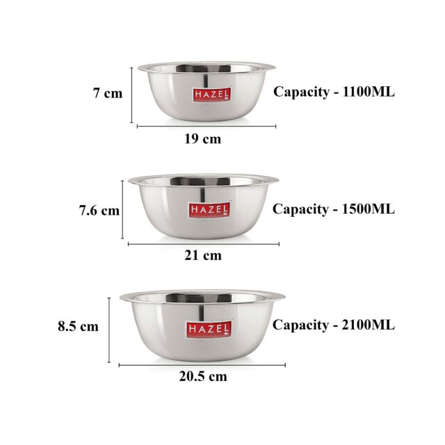 Sanskriti Exports Stainless Steel Serving Bowl Set | 1100 ml, 1500 ml & 2100 ml Snacks Serving and Mixing Bowl Set | Kitchen Accessories Items, Set of 3
