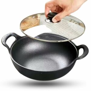 Sanskriti Exports Cast Iron Kadai with Lid/Pre Seasoned Iron Kadai with 2 Handles and Flat Base/Iron Kadhai for Cooking/Uncoated Wok for Electric Induction (with Glass Lid 27cm)