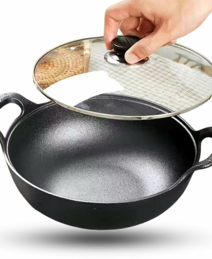 Sanskriti Exports Cast Iron Kadai with Lid/Pre Seasoned Iron Kadai with 2 Handles and Flat Base/Iron Kadhai for Cooking/Uncoated Wok for Electric Induction (with Glass Lid 27cm)