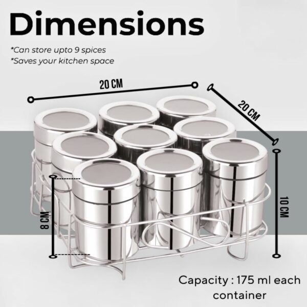 Sanskriti Exports 9 Square Stainless Steel Spice Box | Masala Box For Kitchen | Organiser With 9 Compartment, Sanskriti Exports Dabba, Square Masala Dani For Kitchen, Rust Resistant See-Through Lid, Silver