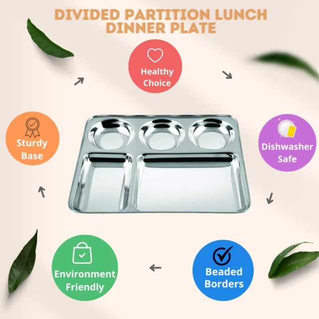 Sanskriti Exports Stainless Steel Rectangular Compartment Thali Set of 6 with 5 in 1 Divided Partition, Mess, Bhojan, Lunch & Dinner Plates - 13 x 10 inches