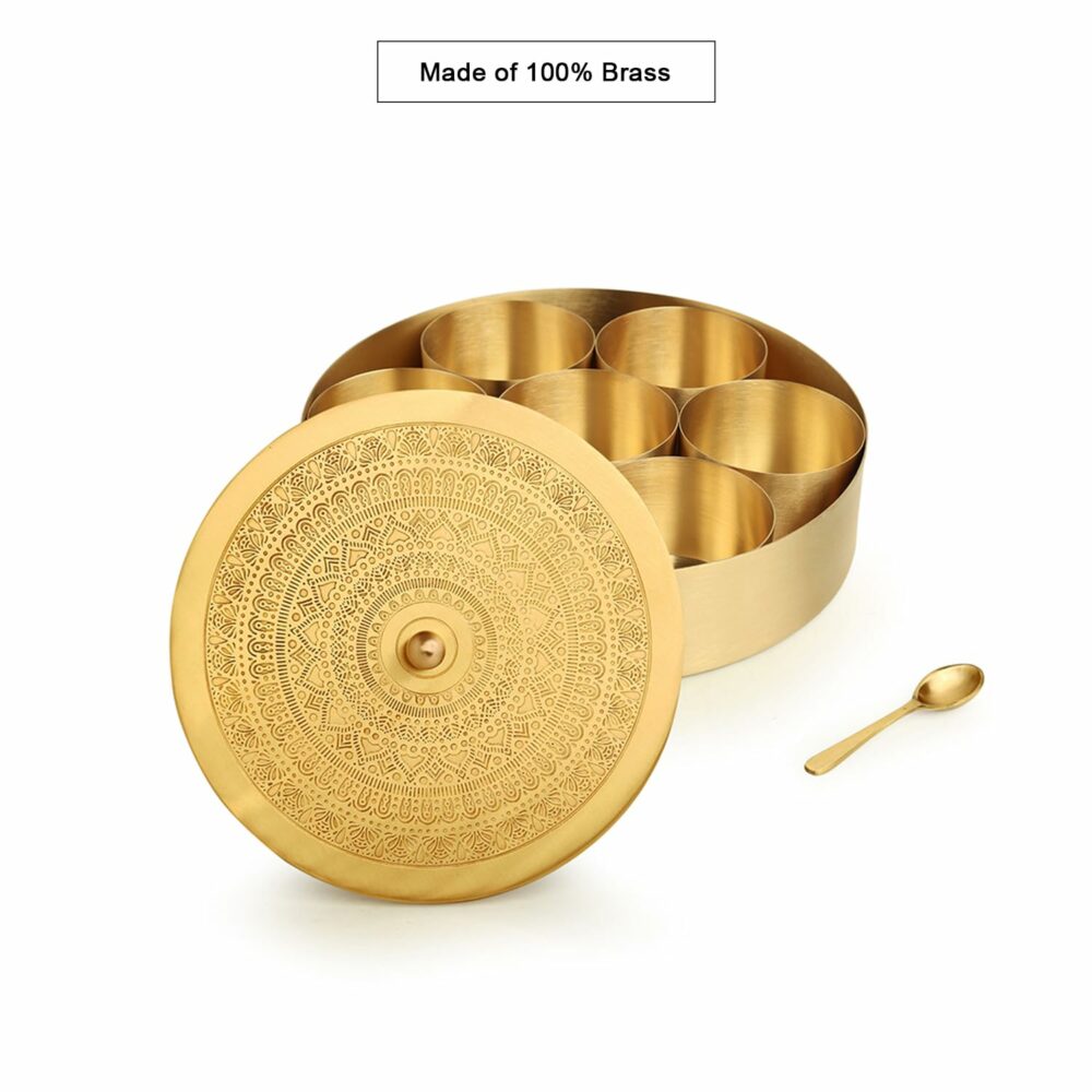 ExclusiveLane 'Floral-Etched' Handcrafted Brass Spice Box for Kitchen with Spoon Brass Masala Box Masala Dani Masala Dabba & Spice Container (7 Detachable Containers, 100 ML) Gold - Image 2