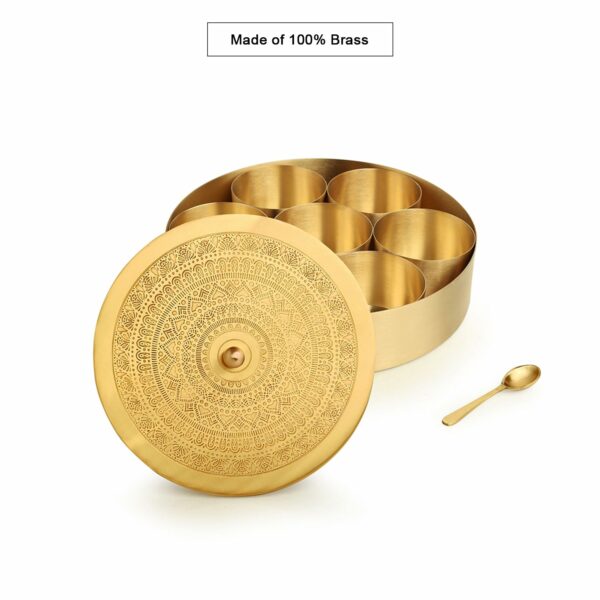 ExclusiveLane 'Floral-Etched' Handcrafted Brass Spice Box for Kitchen with Spoon Brass Masala Box Masala Dani Masala Dabba & Spice Container (7 Detachable Containers, 100 ML) Gold