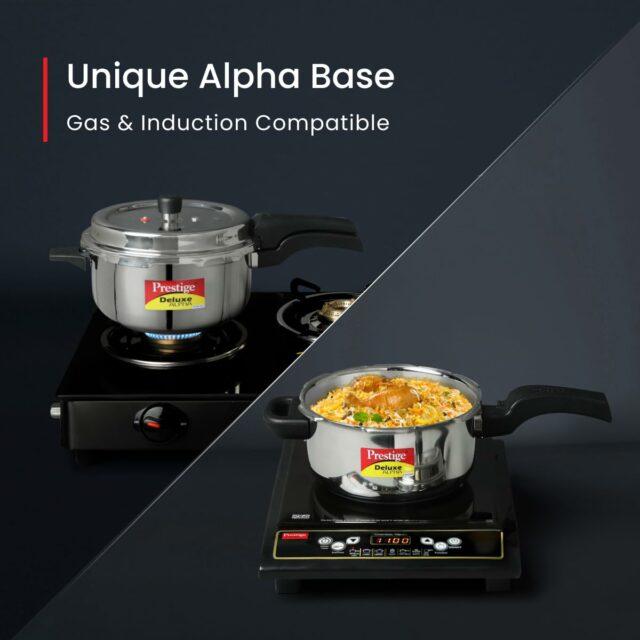 Prestige 3L Svachh Deluxe Alpha Stainless Steel Pressure Cooker|Outer Lid|3-4 Persons|Deep Lid for Spillage Control|Gas & Induction Compatible|Controlled GasketRelease System|Silver|10 Years Warranty