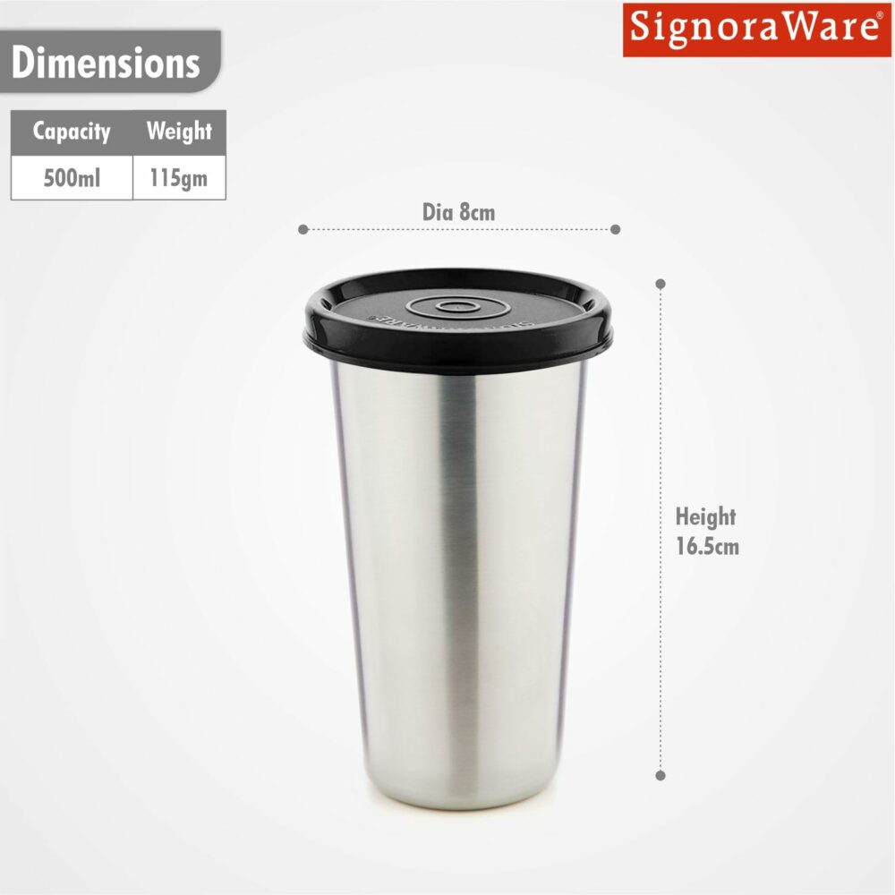 SignoraWare Stainless Steel Tumbler with Lid | Air Tight Leak Proof Glass Tumblers for Office Gym Yoga Hiking Trekking Travel Home Kitchen (450ml), Set of 1, Black - Image 2