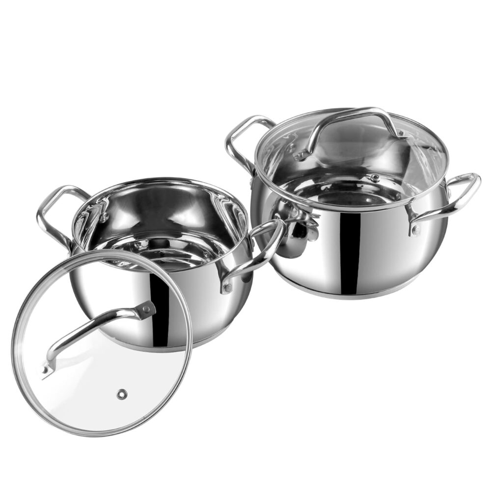 Vinod Stainless Steel 2 Piece Almaty Sauce Pot with Glass Lid -Diameter 14 & 16 cm, Capacity 1.3 & 2 Litre (Induction and Gas Stove Friendly), 2 Years Warranty, Silver