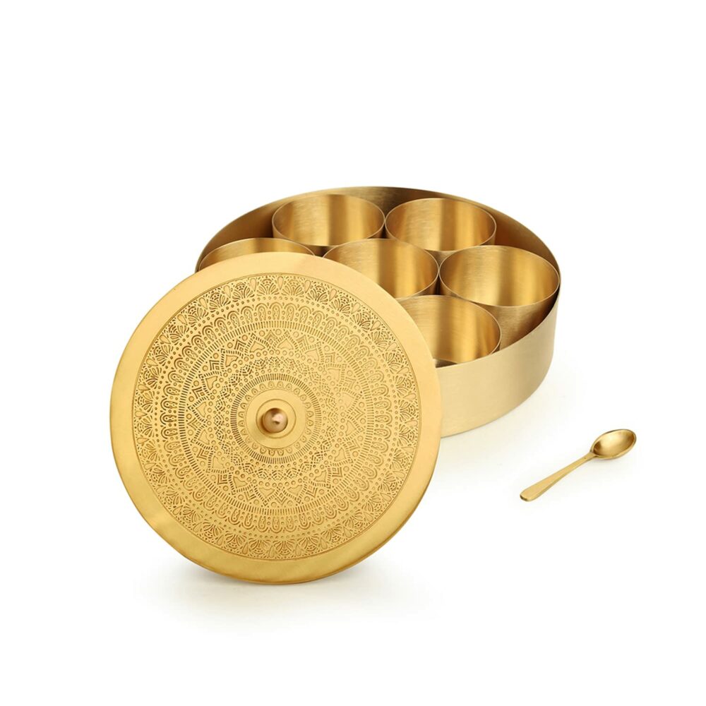 ExclusiveLane 'Floral-Etched' Handcrafted Brass Spice Box for Kitchen with Spoon Brass Masala Box Masala Dani Masala Dabba & Spice Container (7 Detachable Containers, 100 ML) Gold - Image 4