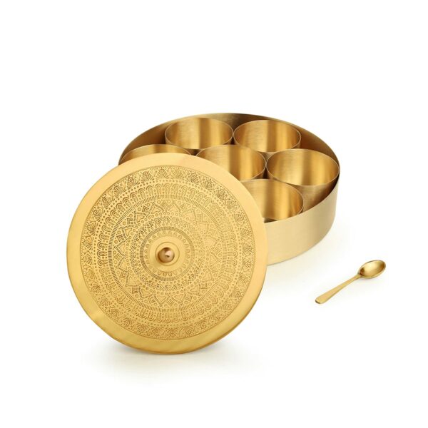 ExclusiveLane 'Floral-Etched' Handcrafted Brass Spice Box for Kitchen with Spoon Brass Masala Box Masala Dani Masala Dabba & Spice Container (7 Detachable Containers, 100 ML) Gold