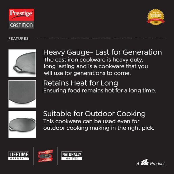 Prestige 30 cm Cast Iron Dosa Tawa|Super Durable|Retains Heat for Long|10 Years Warranty