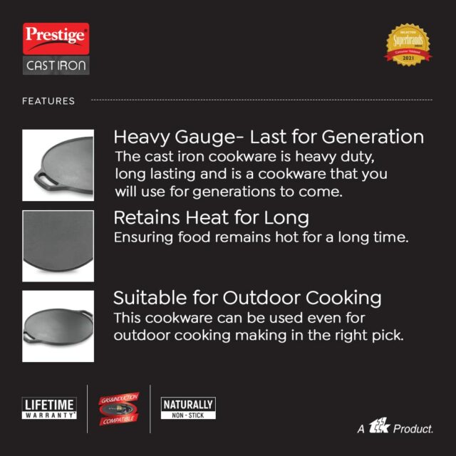 Prestige 30 cm Cast Iron Dosa Tawa|Super Durable|Retains Heat for Long|10 Years Warranty