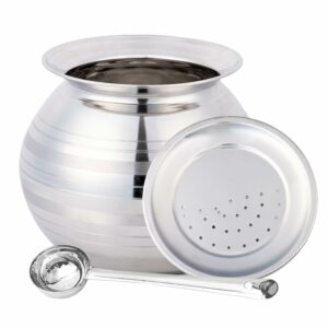 Sanskriti Exports Stainless Steel Rice Pot/Rice Strainer/Pongal Pot/Gundu/Cooker/Handi with Lid Vadi Plate and Ladle/Spoon, 3 Litres