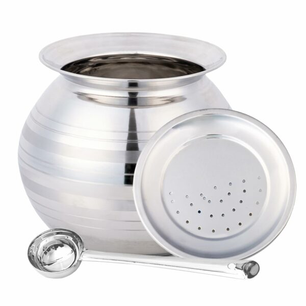 Sanskriti Exports Stainless Steel Rice Pot/Rice Strainer/Pongal Pot/Gundu/Cooker/Handi with Lid Vadi Plate and Ladle/Spoon, 3 Litres
