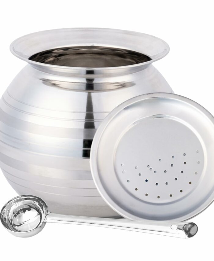 Sanskriti Exports Stainless Steel Rice Pot/Rice Strainer/Pongal Pot/Gundu/Cooker/Handi with Lid Vadi Plate and Ladle/Spoon, 3 Litres