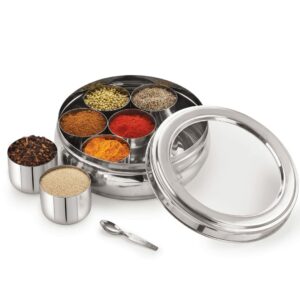 Sanskriti Exports Belly-M Stainless Steel Masala Dabba Spice Box Organiser For Kitchen With See-Through Lid And 7 Containers, Silver (Medium), Blue-Violet