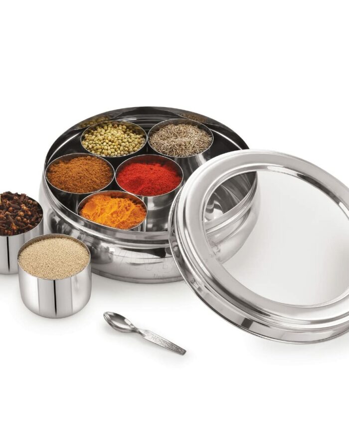 Sanskriti Exports Belly-M Stainless Steel Masala Dabba Spice Box Organiser For Kitchen With See-Through Lid And 7 Containers, Silver (Medium), Blue-Violet