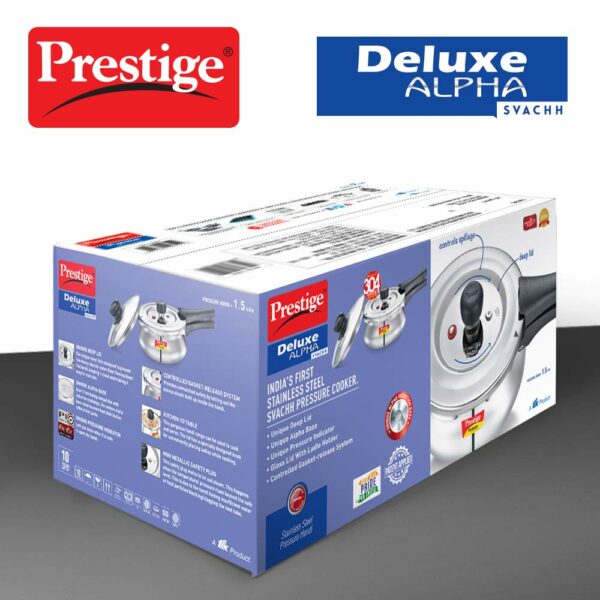 Prestige Deluxe Alpha Svachh Stainless Steel Pressure Cooker 1.5L With Glass Lid (With Deep Lid For Spillage Control)