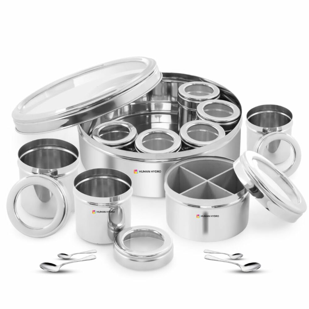 Sanskriti Exports 12-in-1 Stainless Steel Masala Dabba | Spice Box with Partitioned Middle Container & 3 Spoons | See-Through Lid | Masala Dani for Kitchen (22 cm, Silver)