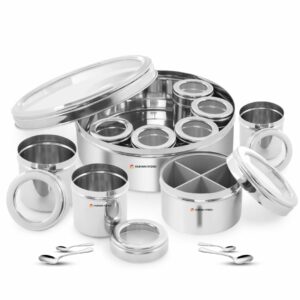 Sanskriti Exports 12-in-1 Stainless Steel Masala Dabba | Spice Box with Partitioned Middle Container & 3 Spoons | See-Through Lid | Masala Dani for Kitchen (22 cm, Silver)