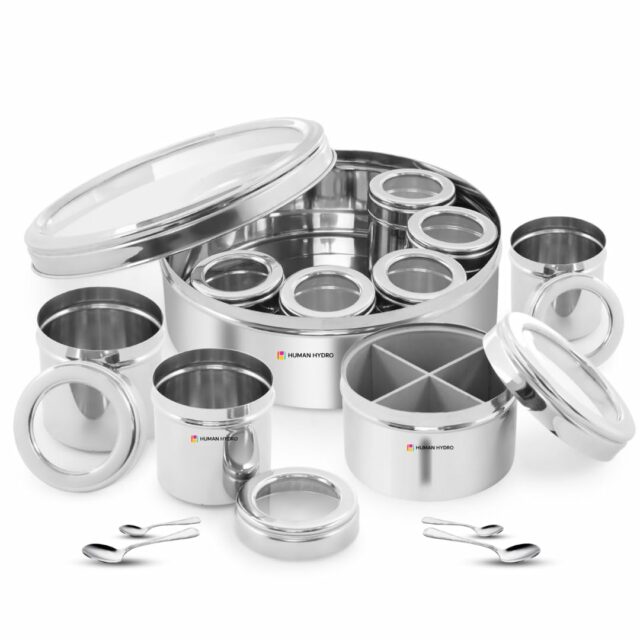 Sanskriti Exports 12-in-1 Stainless Steel Masala Dabba | Spice Box with Partitioned Middle Container & 3 Spoons | See-Through Lid | Masala Dani for Kitchen (22 cm, Silver)