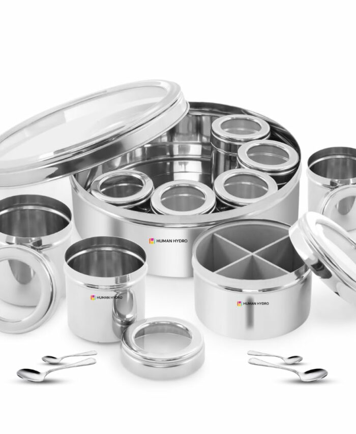Sanskriti Exports 12-in-1 Stainless Steel Masala Dabba | Spice Box with Partitioned Middle Container & 3 Spoons | See-Through Lid | Masala Dani for Kitchen (22 cm, Silver)