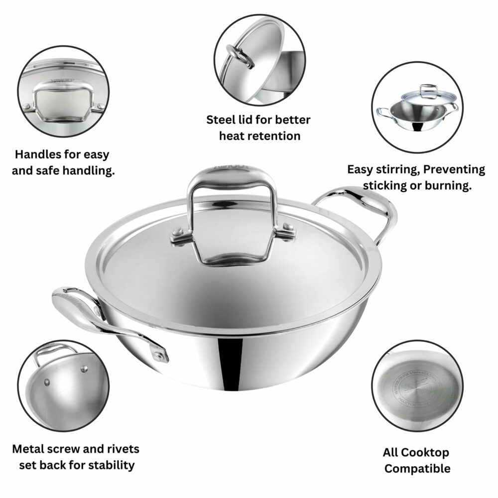 Vinod Platinum Triply Stainless Steel Extra Deep Kadai with Stainless Steel Lid 1 1 litres Capacity (18 cm Diameter) | 18 cm Triply Stainless Steel Kadai, Silver (Induction and Gas Stove Friendly) - Image 6
