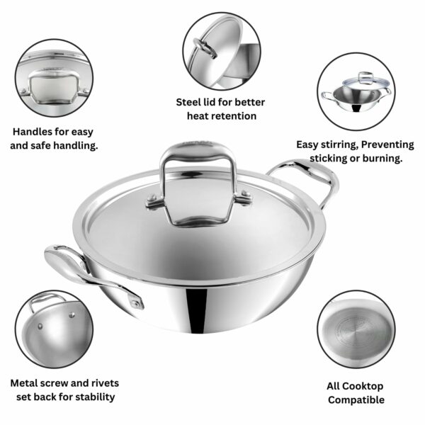 Vinod Platinum Triply Stainless Steel Extra Deep Kadai with Stainless Steel Lid 1 1 litres Capacity (18 cm Diameter) | 18 cm Triply Stainless Steel Kadai, Silver (Induction and Gas Stove Friendly)