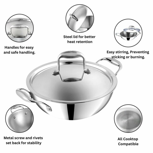 Vinod Platinum Triply Stainless Steel Extra Deep Kadai with Stainless Steel Lid 1 1 litres Capacity (18 cm Diameter) | 18 cm Triply Stainless Steel Kadai, Silver (Induction and Gas Stove Friendly)