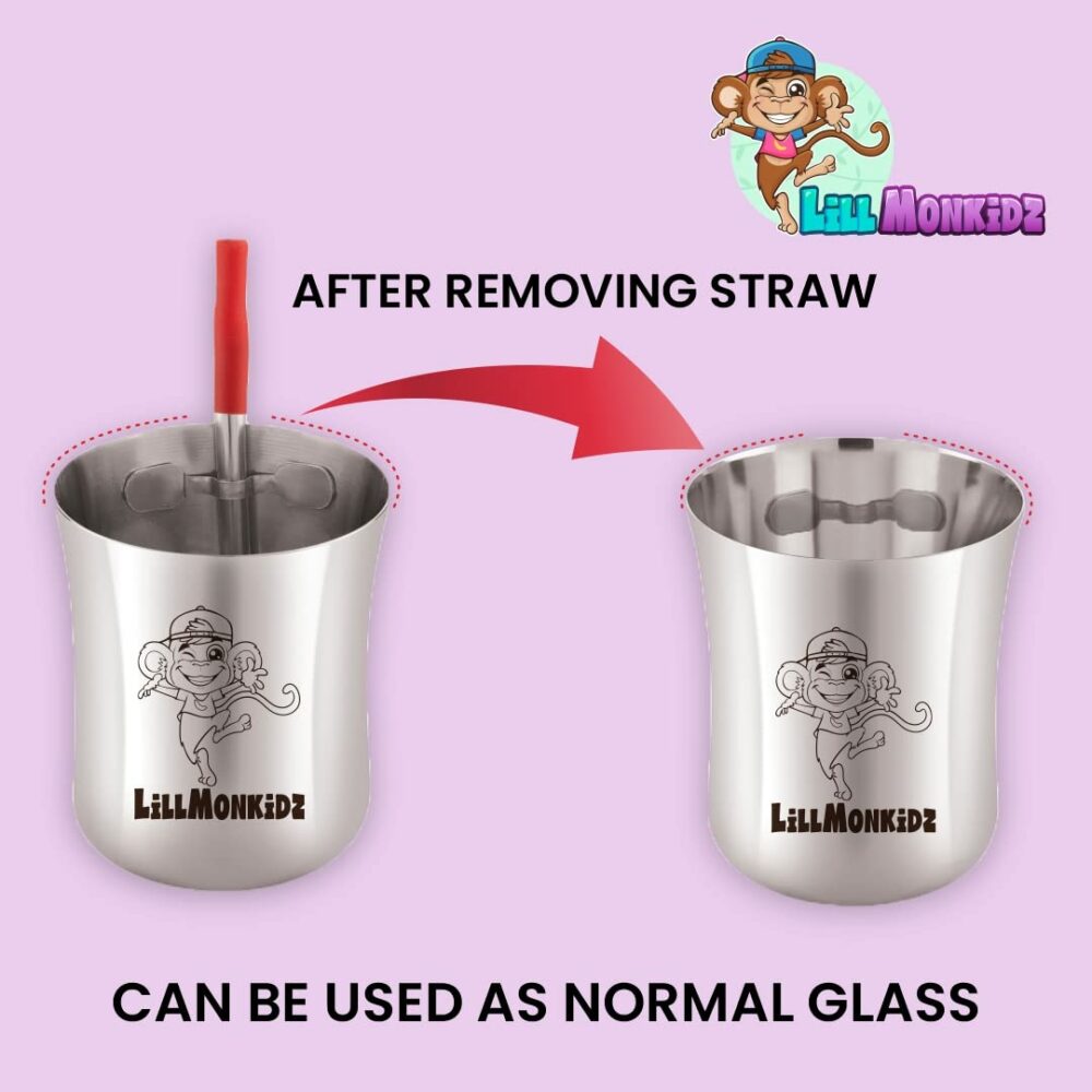Sanskriti Exports Stainless Steel Glass for Kids | Small Glass Tumbler with Straw Cleaning Brush & Silicon - 150ml Set of 2 pcs - Image 4