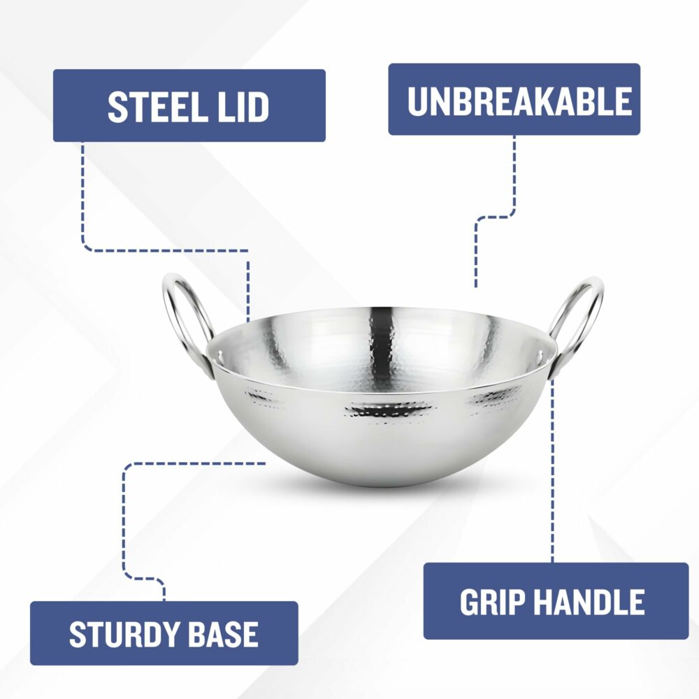 Sanskriti Exports kadhai Steel Stainless 0 5 Litre | Round Bottom Kadai for Cooking | Gauge Hammered Kadai for Frying | Kadhai for Deep Frying |kadhai with Handle |Compatible Gas Stove - Image 2