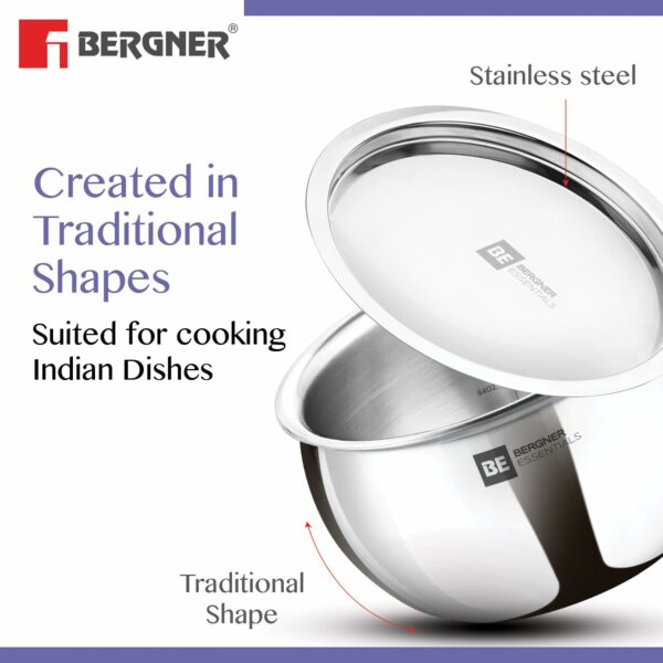 Sanskriti Exports BE Sanskriti Exports Essentials Tri-Ply Stainless Steel 20 cm Rice Handi with Lid, Steel Large Rice Handi, Even Heat Distribution, Easy to Clean, Induction & Gas Stove Friendly, Silver, 5-Year Warranty