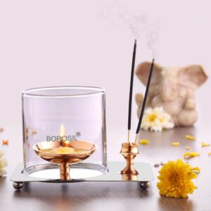Borosil Aarti Diya Decorative Brass Glass Oil Lamp | Tea Light Holder | Diya with Borosilicate Glass | Puja Dia for Mandir | Lantern Diya with Glass Cover