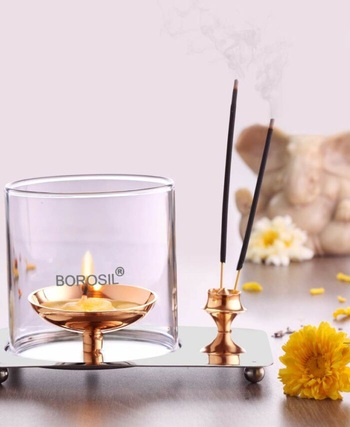 Borosil Aarti Diya Decorative Brass Glass Oil Lamp | Tea Light Holder | Diya with Borosilicate Glass | Puja Dia for Mandir | Lantern Diya with Glass Cover