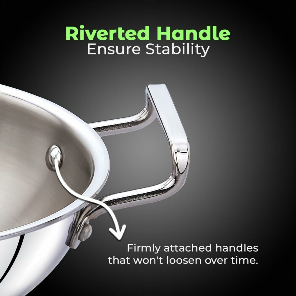 Sanskriti Exports Triply Kadai, 22 cm Stainless Steel Kadhai with Lid, 3 Layer, Steel Casted Handles, Flat Bottom Kadhai with Induction Base, 2 5 Mm Thickness, 2 Litre Capacity - Image 4