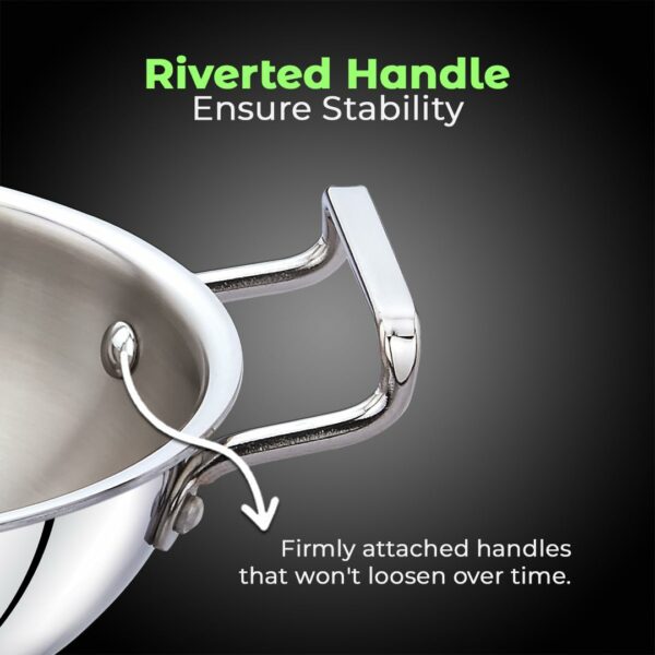 Sanskriti Exports Triply Kadai, 22 cm Stainless Steel Kadhai with Lid, 3 Layer, Steel Casted Handles, Flat Bottom Kadhai with Induction Base, 2 5 Mm Thickness, 2 Litre Capacity