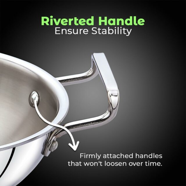 Sanskriti Exports Triply Kadai, 22 cm Stainless Steel Kadhai with Lid, 3 Layer, Steel Casted Handles, Flat Bottom Kadhai with Induction Base, 2 5 Mm Thickness, 2 Litre Capacity