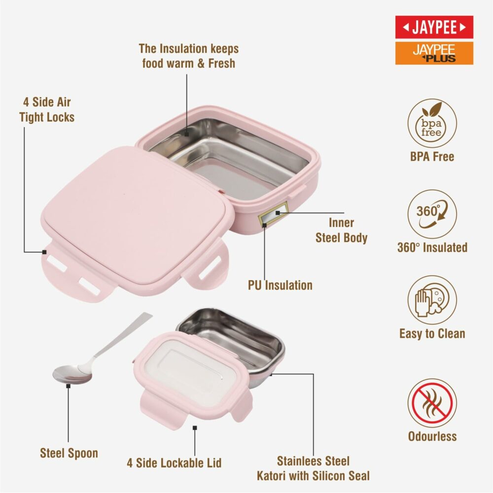 Sanskriti Exports Stainless Steel Insulated Lunch Box Wavesteel Jr. Pink, 500 ml, Airtight Tiffin Box for School Kids |Spillproof with Silicon Seal |Food Grade | BPA Free - Image 2