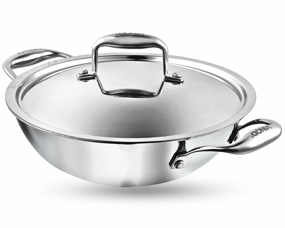 Vinod Platinum Triply Stainless Steel Kadai with Stainless Steel Lid 4 5 litres Capacity (30 cm Diameter) | 28 cm Stainless Steel Kadhai with Lid - Silver (Induction and Gas Stove Friendly)