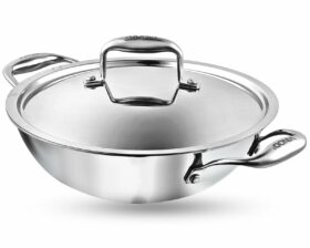 Vinod Platinum Triply Stainless Steel Kadai with Stainless Steel Lid 4 5 litres Capacity (30 cm Diameter) | 28 cm Stainless Steel Kadhai with Lid - Silver (Induction and Gas Stove Friendly)