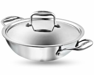 Vinod Platinum Triply Stainless Steel Kadai with Stainless Steel Lid 4 5 litres Capacity (30 cm Diameter) | 28 cm Stainless Steel Kadhai with Lid - Silver (Induction and Gas Stove Friendly)
